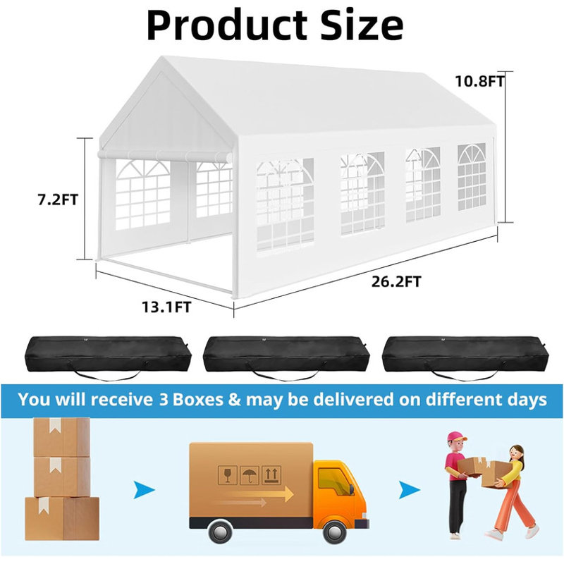 13x26 FT Heavy Duty Party Tent with Detachable Sidewalls, White Roof & Storage Bags