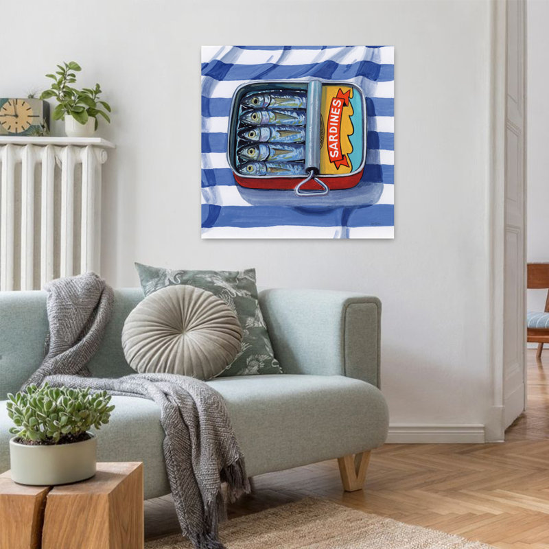 Art contemporain sardines sur toile rayée, H 32 po x l 32 po