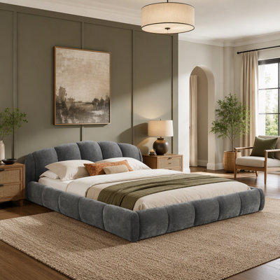 Très grande base de lit tapissier très grande taille en chenille, tête de lit épaisse courbée et pied de lit enveloppé, lit bas à profil bas, gris foncé