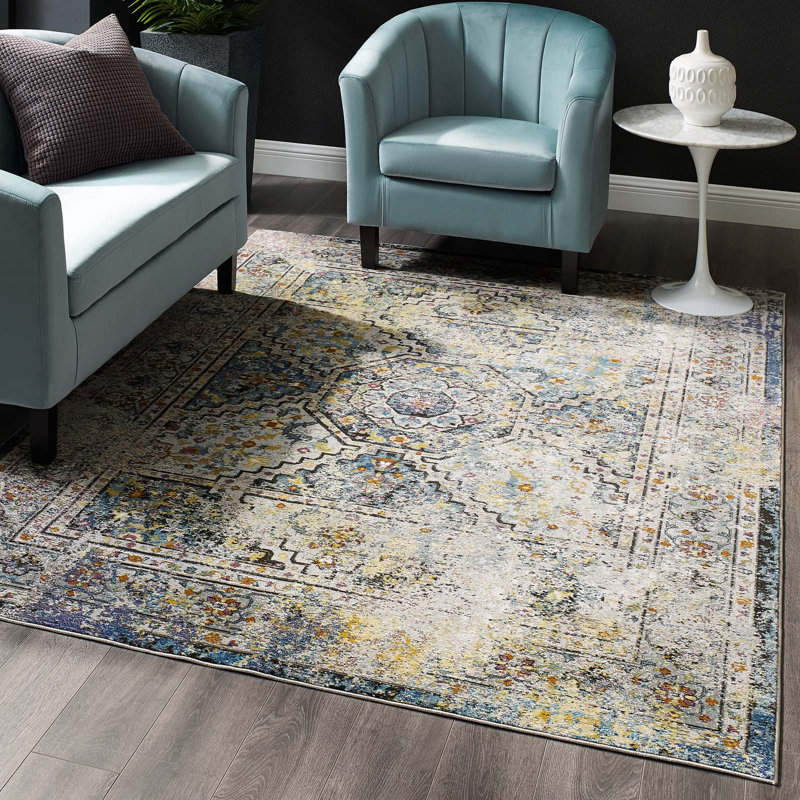Modway Success Jacinda Distressed Vintage Floral Vintage Medallion Area Rug, 4x6, Multicolored, Rectangle 4' x 6'