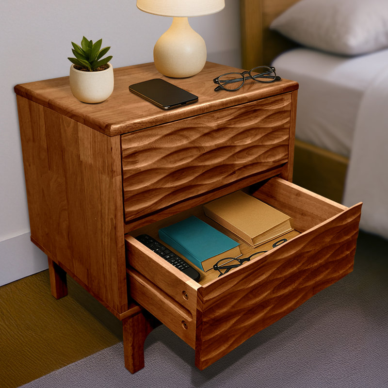 Gerrell Elara Solid Wood 2-Drawer Nightstand with Sculpted Front – Mid-Century Modern Bedside Table for Bedroom or Living Room, Walnut Finish
