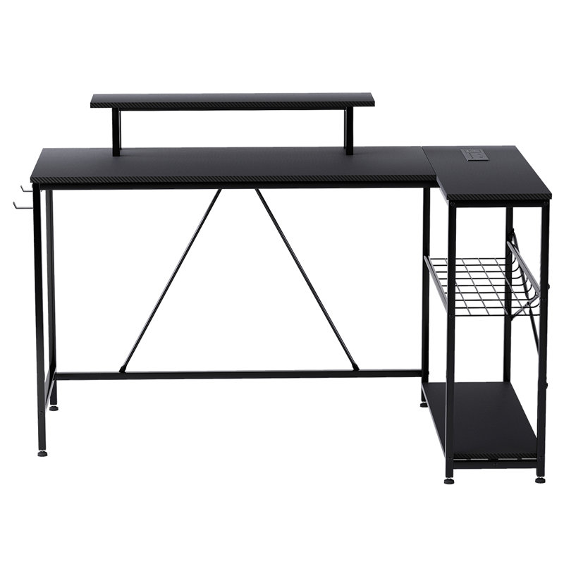L-Shaped Metal Base Computer Desk with Power Outlet