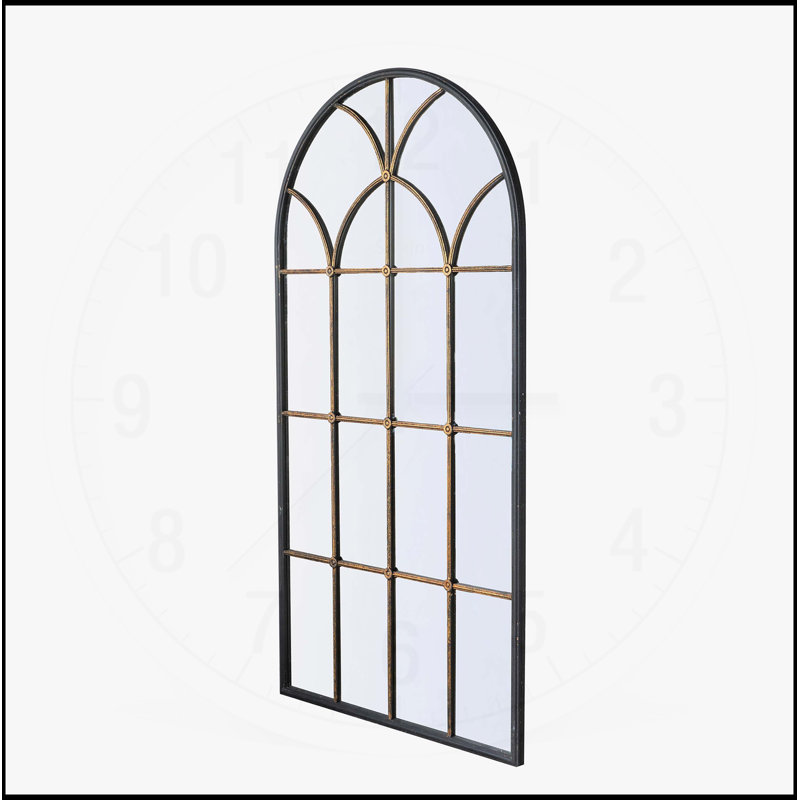 Élégant miroir arqué pleine longueur avec motif de vitre noir et doré, parfait pour les intérieurs modernes et élégants.