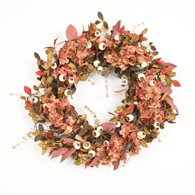 24" Artificial Farmhouse Fall Foliage Berry Hydrangea Floral Wreath for Front Door Harvest Thanksgiving Decor