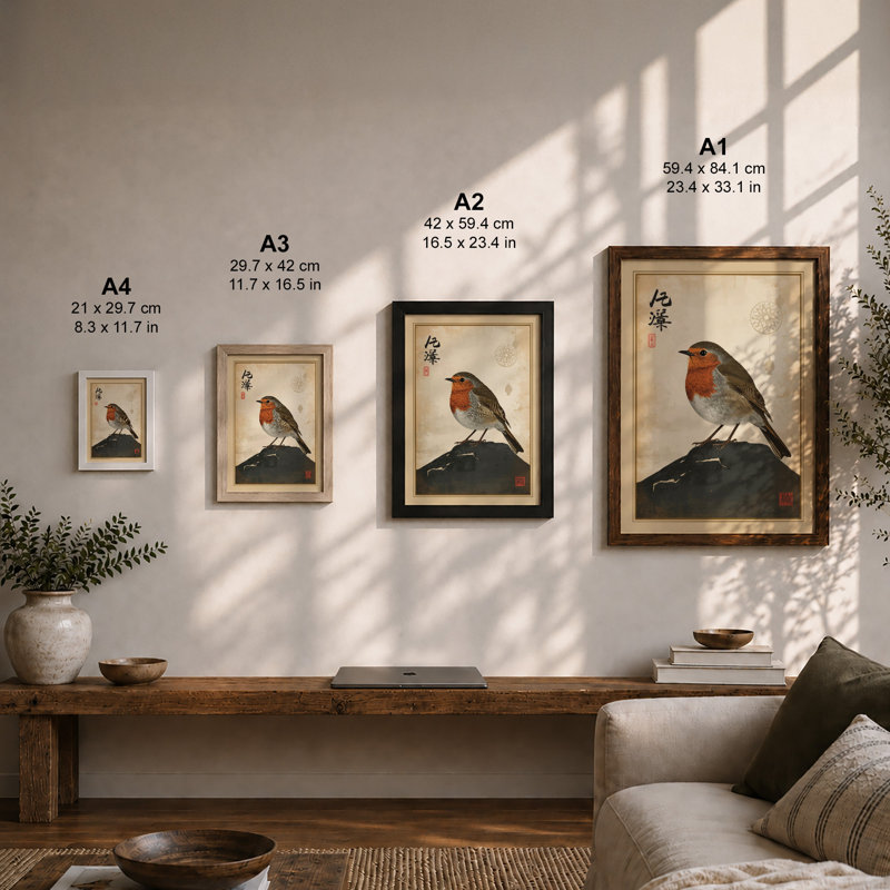 Perched Robin Japandi - Print, Unframed, A1 - 84.1 x 59.4 cm