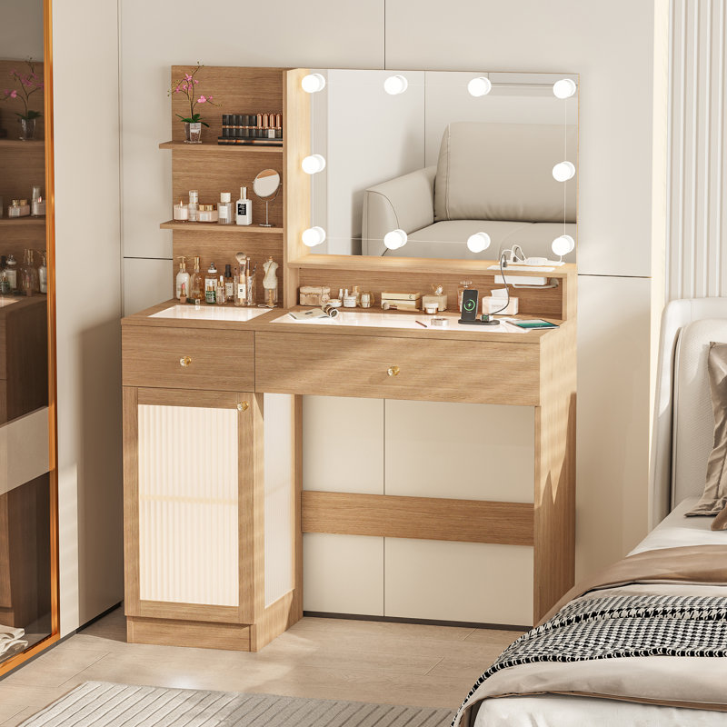 40" Modern Makeup Vanity Desk with LED Mirror, Glass Top, Storage Drawer & Glass Cabinet, 3 Light Modes, Power Outlet - Perfect for Bedroom