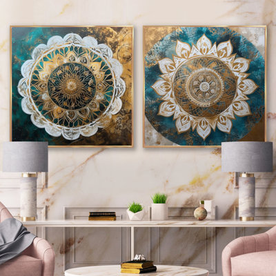 Mandala bleu sarcelle et doré - ensemble de 2 collages carrés boho mandala