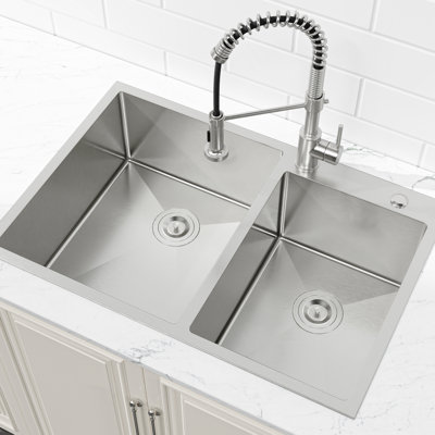 Modern Stainless Steel Double Bowl Sink 33"X19" - Overmount, With Sound Insulation And Drainage Steel, Bowl, Overmount Installation Ease