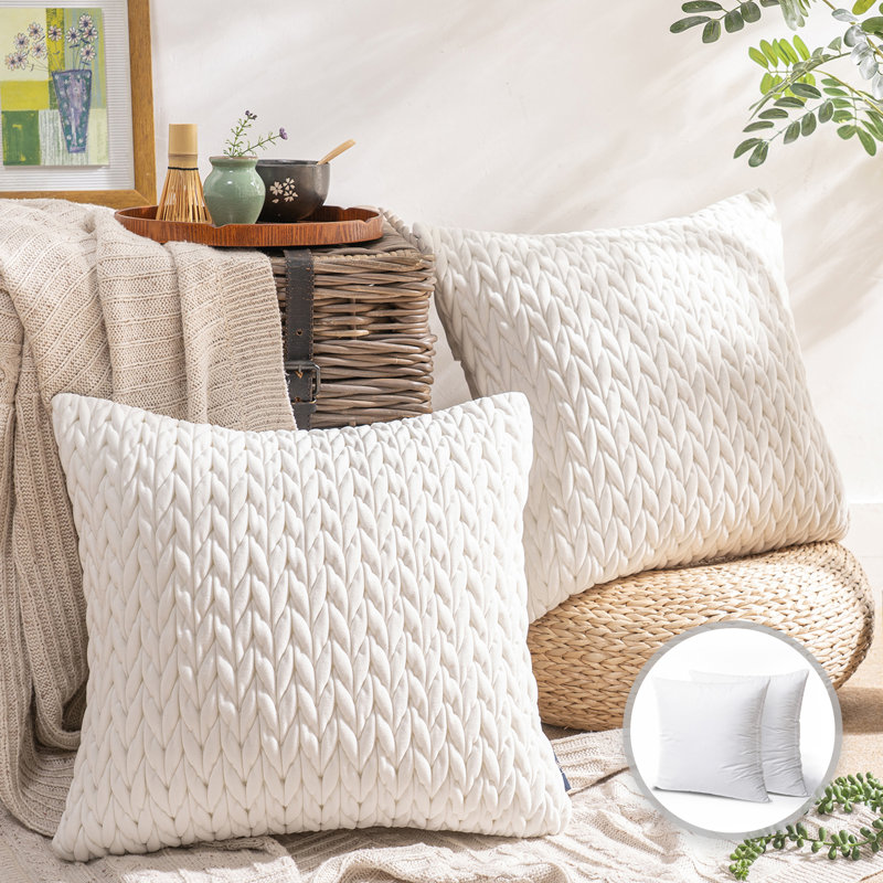 White Quilted Velvet Braid Textured Decorative Throw Pillow Set, 20" x 20"