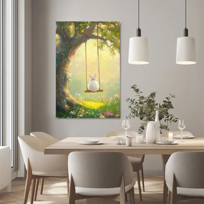 2D Flat, 1Pc Framed Canvas Wall Art, White Rabbit, Swing Tree Shadow, Impressionist Oil Painting Style Art Print Canvas Poster Painting Room Wall Deco