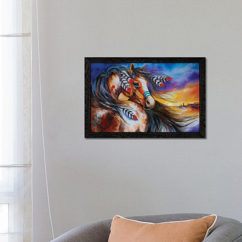 5 Feathers Indian War Horse by Marcia Baldwin - Painting on Canvas, 66.04 cm H x 45.72 cm W, Black Framed