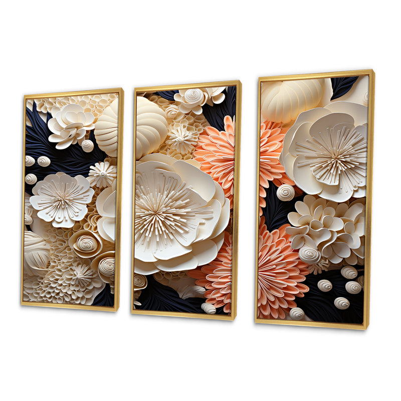 Abstrait corail fleurs collage - ensemble d'art mural corail sous l'eau, Cadre flottant doré, H 28 po x l 36 po x P 1 po
