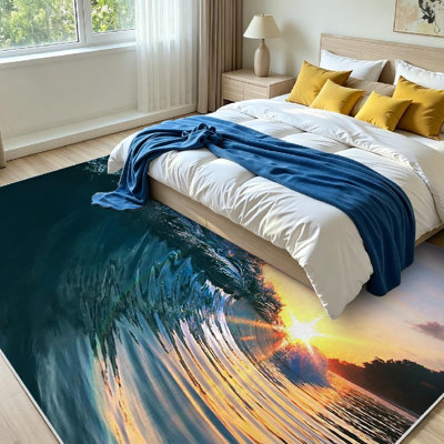 Blue Machine Washable,Beautiful Ocean Surfing Wave Sunset Indoor Area Rug