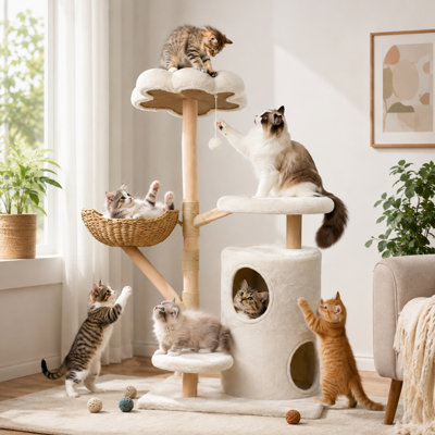 Multi-Level Cat Tree Real Wood Branch Cat House With 2 Tier Cat Sleepling Condo Caves, Soft Perch, Rustic Straw Weaving Bowl Cat Beds Scratching Posts & Sisal Post
