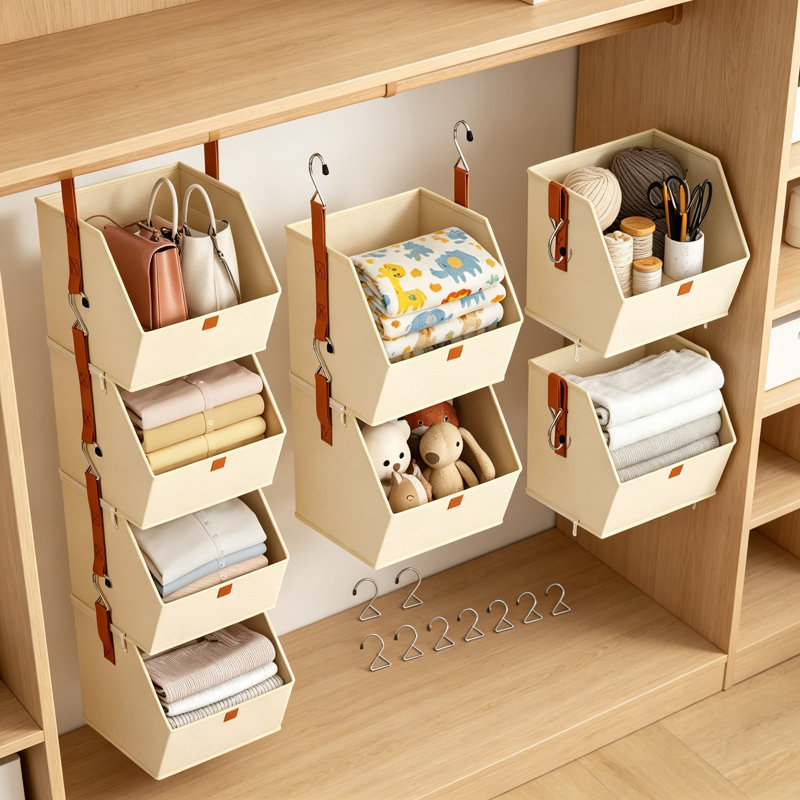 Organisateur de placard suspendu à 4 niveaux, étagères à vêtements peu encombrantes avec bacs de rangement en tissu, système de placard pliable pour chambre à coucher, dortoir, véhicule récréatif, vestiaire, beige