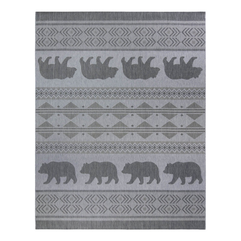 Ash Gray Bear Print Synthetic 5' x 7' Outdoor Rug