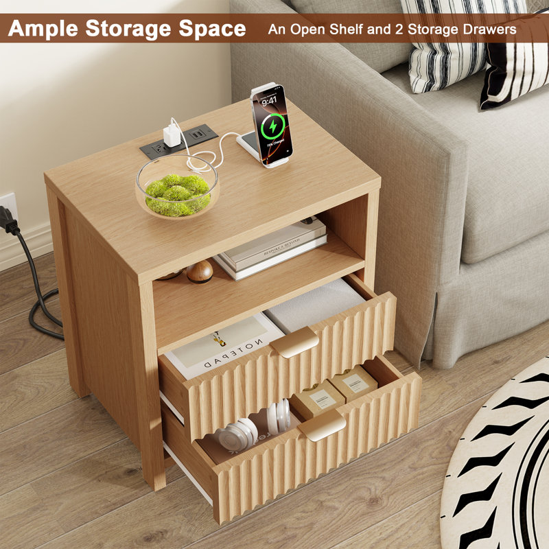 19.7''W Modern Nightstand With Charging Station, Light Oak