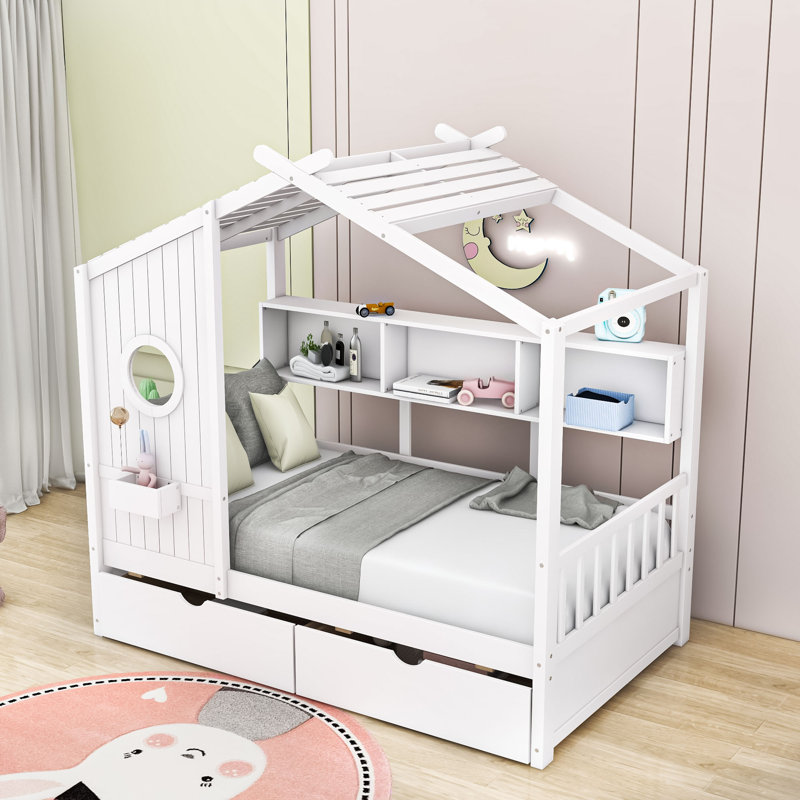 Lit de jour en bois avec 2 tiroirs et tablettes, Simple, Blanc