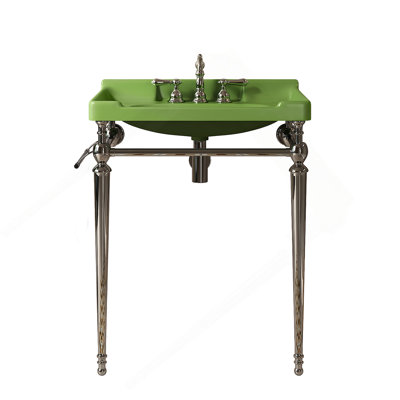 28" Bathroom Console Sink, Wall-Mounted Green Ceramic Vanity Basin with 3 Pre-drilled Faucet Holes, Freestanding Stainless Steel Support Legs with Towel Bar, No Faucet, Chrome Color