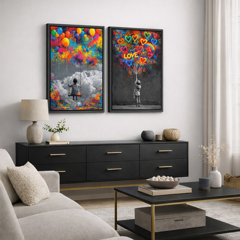 Art abstrait, fille avec ballons, impression sur toile encadrée, 2 pièces, H 24 po x l 32 po x P 1,5 po, Cadre noir