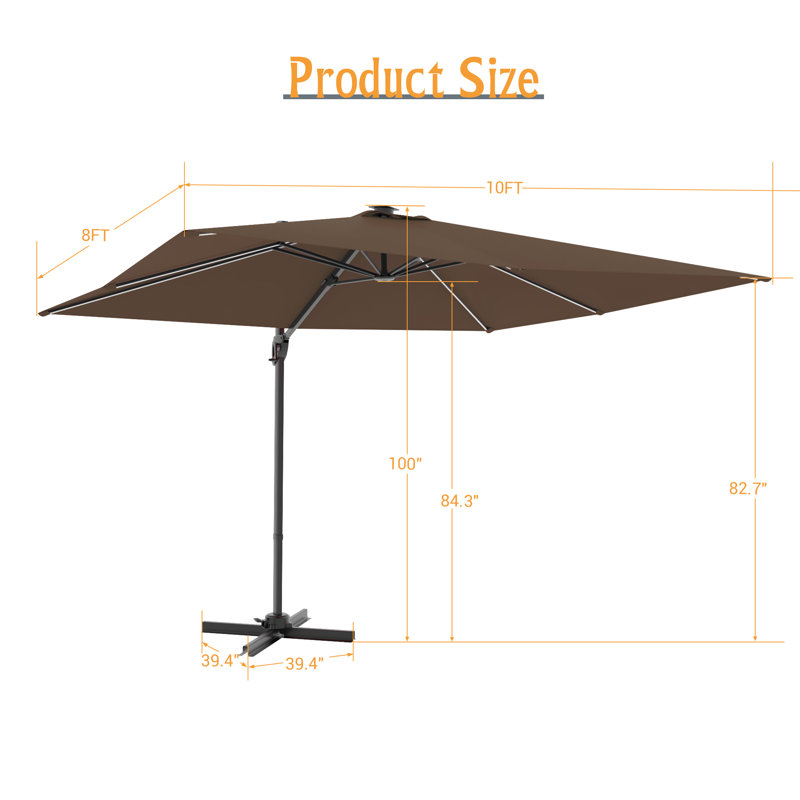 10x8ft LED Rectangle Cantilever Umbrella, Taupe