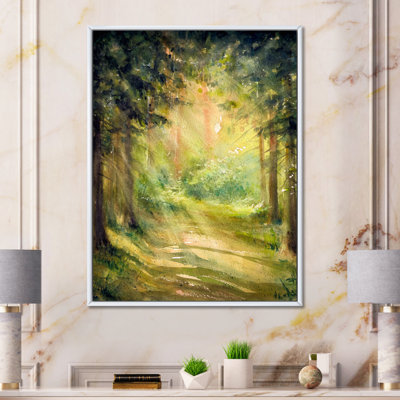 Le soleil brille à travers les arbres de la forêt - peinture sur toile