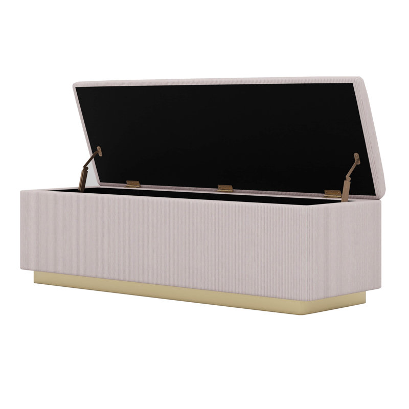Structure de lit tapissier en velours côtelé grand format avec repose-pieds avec rangement, tête de lit à oreilles et pied de lit à rayures verticales