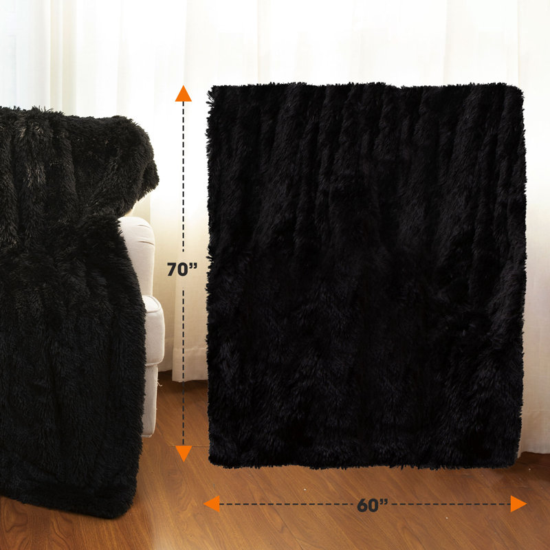 Black Reversible Shaggy Faux Fur and Fleece Throw Blanket