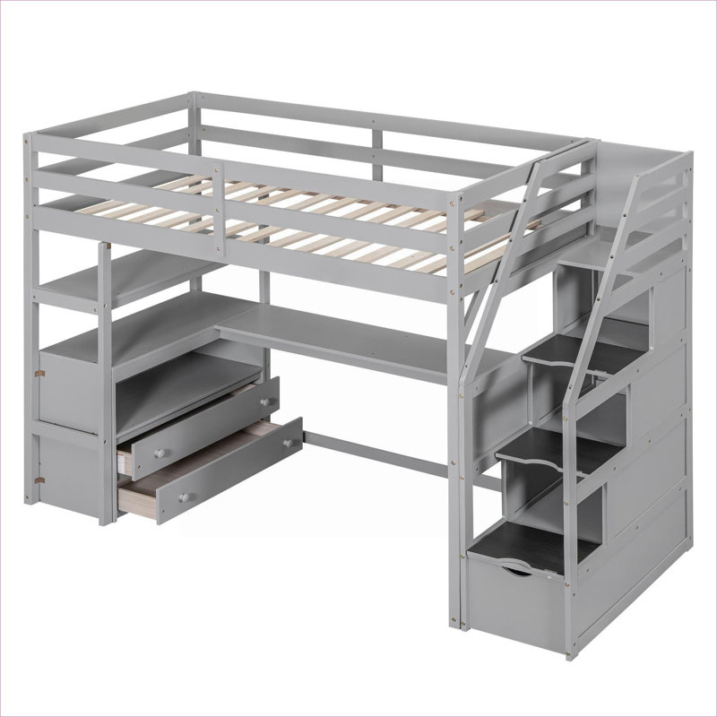 Lit mezzanine simple en pin massif de petite chambre avec bureau intégré et rangement intégré