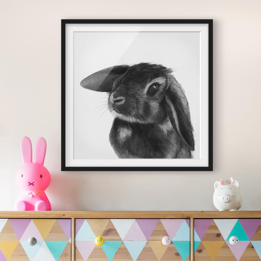 Gerahmtes Poster Illustration Bunny in Schwarz/Weiß