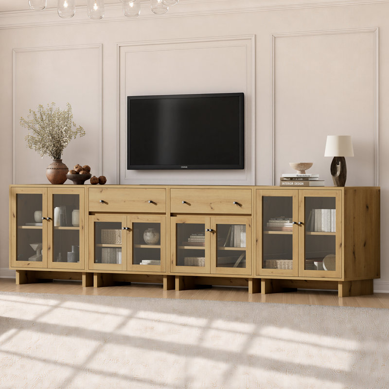 Ensemble de rangement modulaire Almaguer 4 pièces avec 2 tiroirs, 8 portes vitrées, étagères réglables et fini chêne naturel.