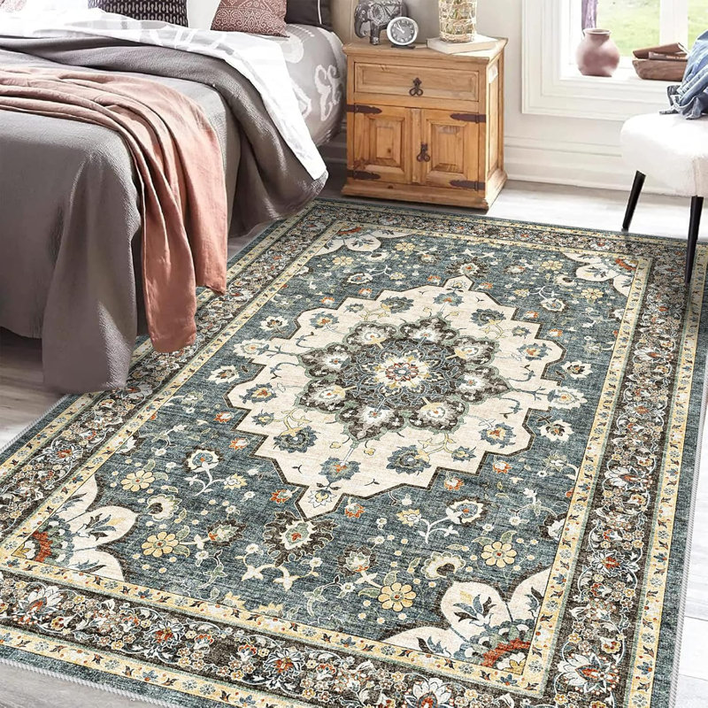 Washable Oriental Hallway Rug - Rugs for Living Room Soft Carpet for Bedroom Kitchen Waterproof Floral Distressed Indoor Stain Resistant Non-Shedding Floor Carpets (Blue)