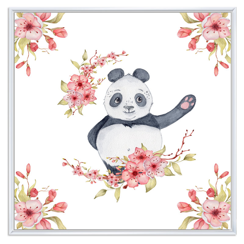 Panda avec fleurs de sakura, reproduction d'art sur toile pour enfants, H 30 po x l 30 po x P 1 po, Cadre flottant blanc