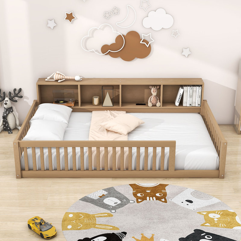Keidi Twin XL Wooden Floor Bed with Built-in Storage and USB Charging Ports, Brown