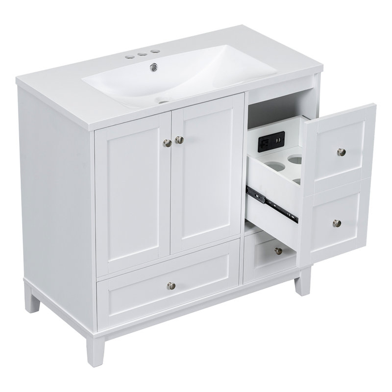 Meuble-lavabo moderne 36 po avec chargement USB, Blanc