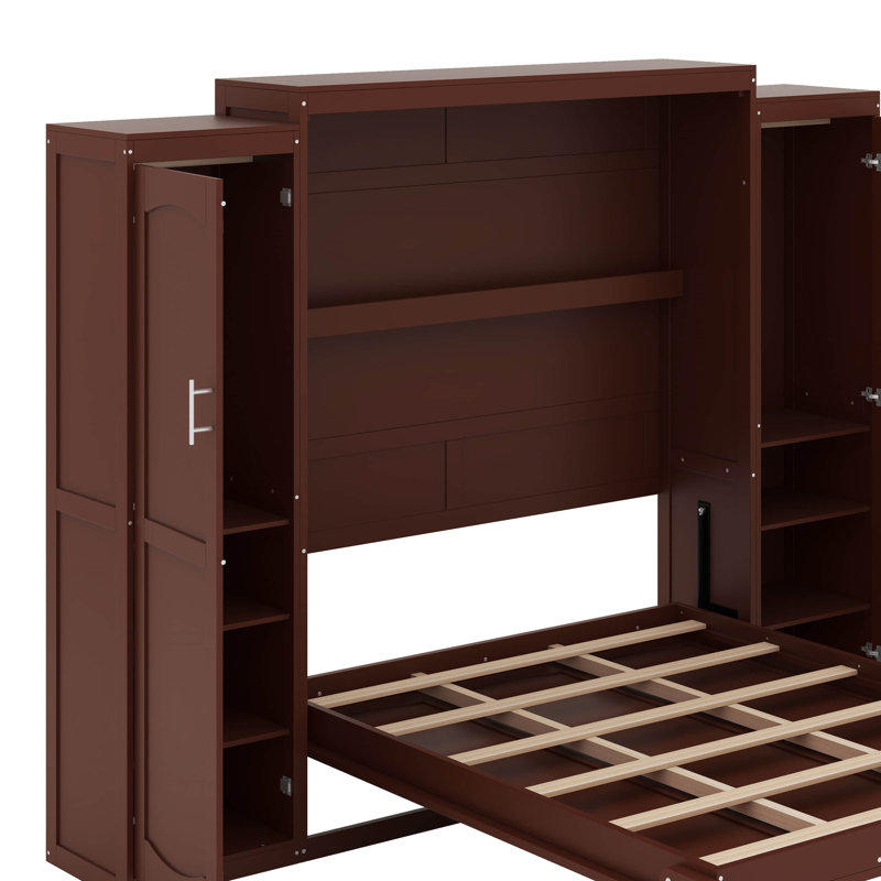 Lit escamotable double avec garde-robe et tablette de rangement, Double, Noyer