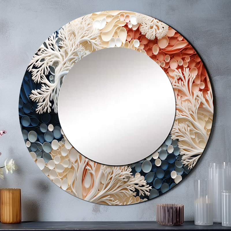 Rinako rose et blanc Coastal Coral Collage II - miroir mural décoratif corail, miroir rond côtier, impression d'art en métal