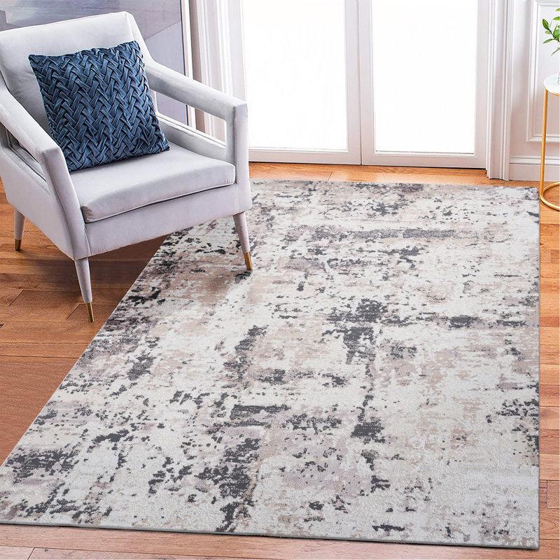 Cream / Brown / Abstract Area Rug, Rectangle 6'7" x 7'9"