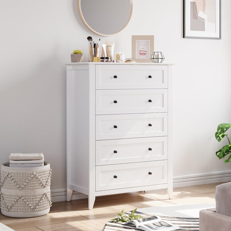 Modern 5 Drawer Tall Dresser for Bedroom, Wood Chest with Deep Storage Drawers, Gold Handles, Large Organizer Cabinet for Clothes, Living Room, Closet, Hallway (White)