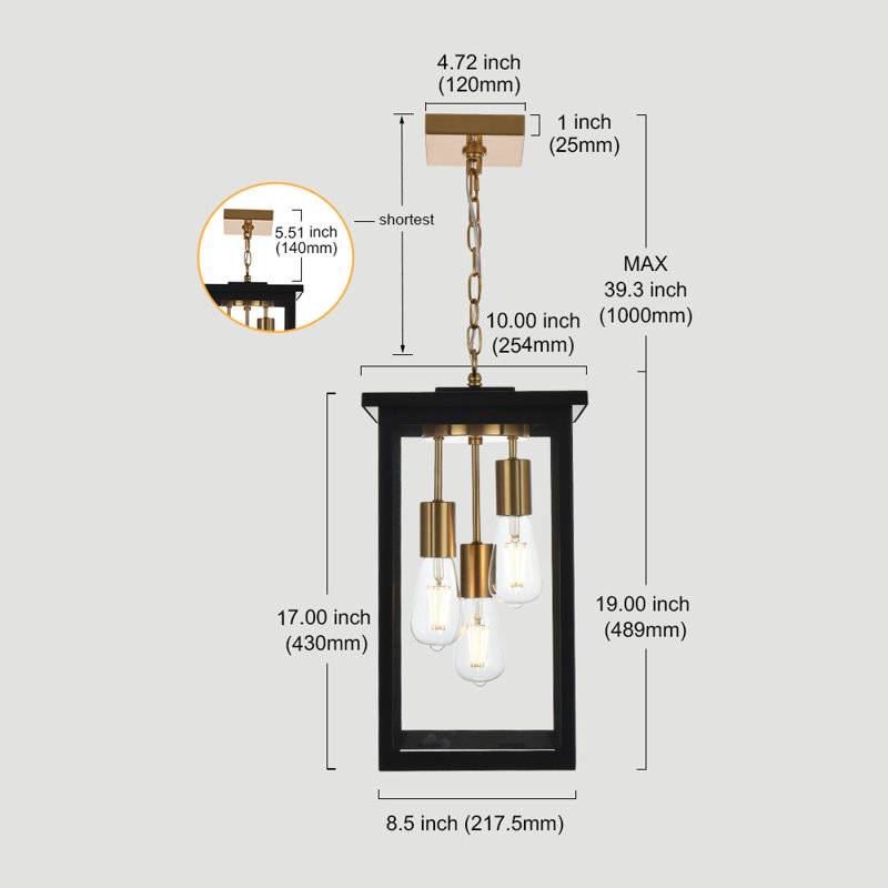 Lanterne suspendue d'extérieur 3 lumières Hannover, Noir mat / laiton brossé, Transparent