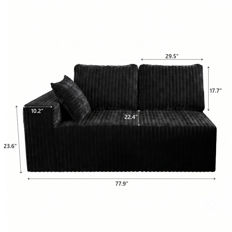 Fauteuil au sol à accoudoir gauche 2 places, flanelle de velours côtelé, mousse haute résilience, Noir