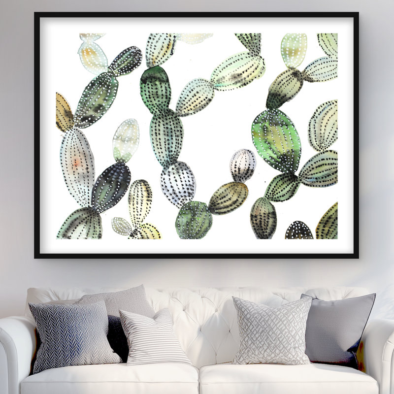 Motif cactus Opuntia - motif floral encadré vert mat, H 48 po x l 36 po, Noir