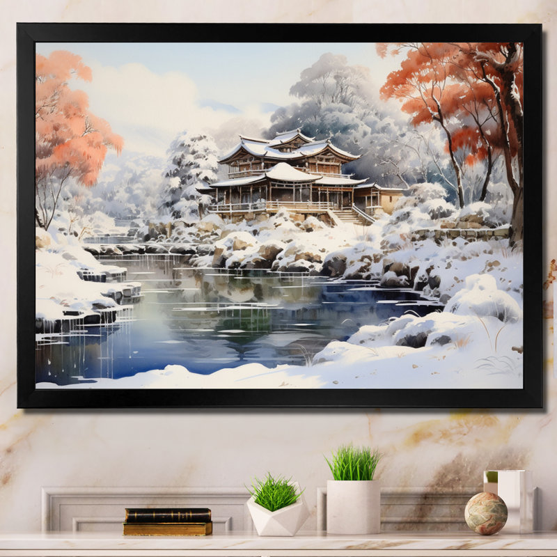 Japon Art Snowy Hot Bath II - Japan Art Canvas Prints, H 30 po x l 40 po x P 1,5 po, Cadre simple noir