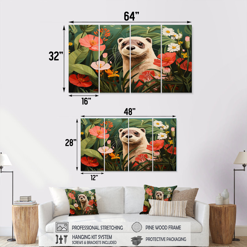 Ensemble de 4 pièces d'art loutre ludique en fleurs tropicales I - Loutre, H 28 po x l 48 po