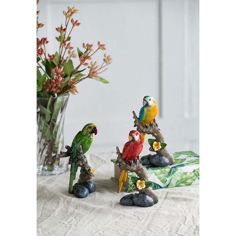 Set of 3 Realistic Polyresin Macaw Figurines, Multi-Colored Tropical Bird Statuettes, Exotic Animal Sculptures, for Tabletop, Shelf, or Mantel, 4” x 3” x 7”