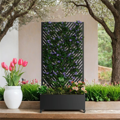 Lit de jardin surélevé avec treillis et écran d'intimité - Boîte à fleurs en métal avec 4 roues verrouillables pour plantes grimpantes, légumes et vignes