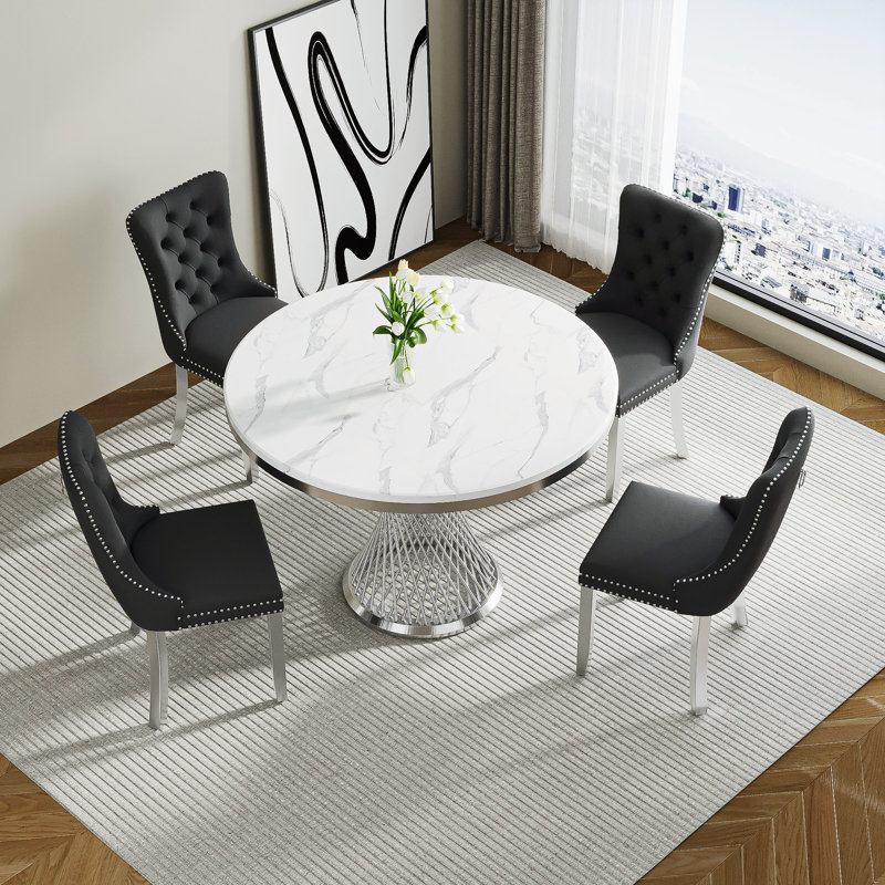 Ensemble de table de salle à manger 47 "pour 4 personnes, Argent argent, Noir / argenté