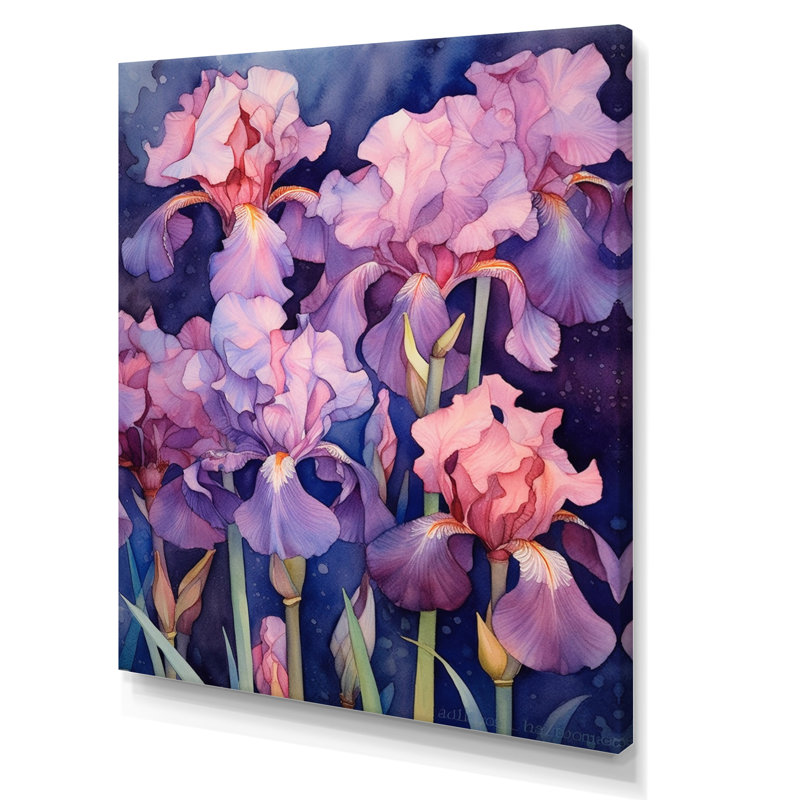 Pétales d'iris roses et bleus III, H 20 po x l 12 po x P 1 po, Toile tendue