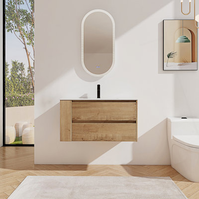Meuble-lavabo mural avec lavabo en céramique et tiroir à fermeture en douceur