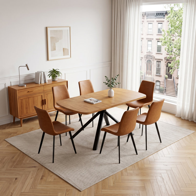 Ensemble de salle à manger 7 pièces, table en chêne et chaises rembourrées, 7 pièces : table, 6 chaises, Brun